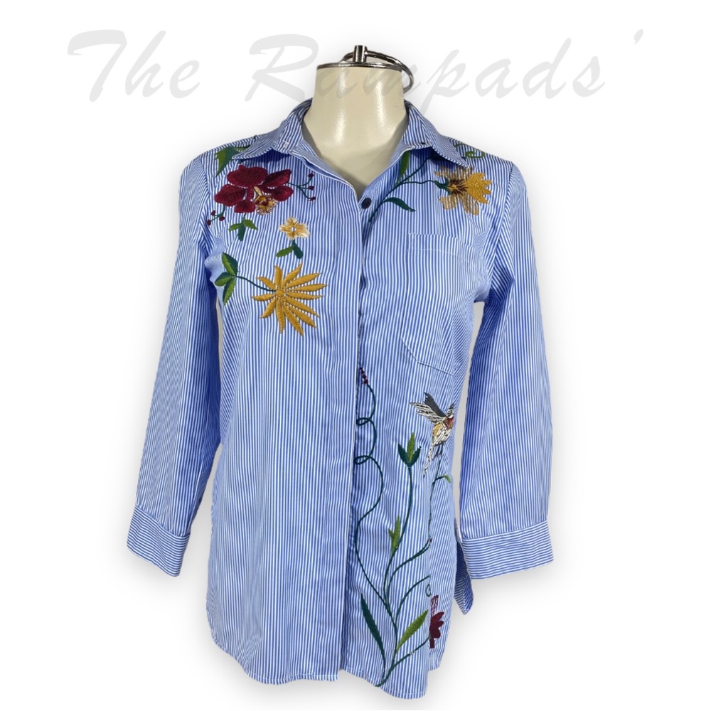 Zara Woman Button-up Stripes Embroidered Collar Shirt Size XS